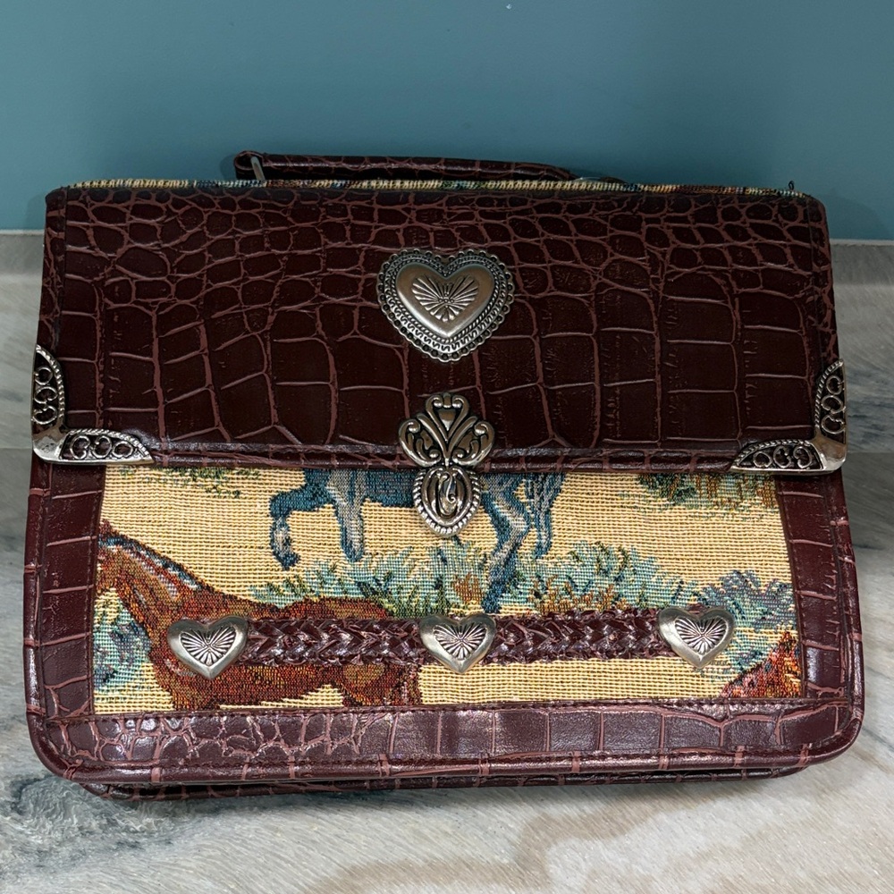 Brown Croc-Embossed Tapestry Satchel with Heart Hardware